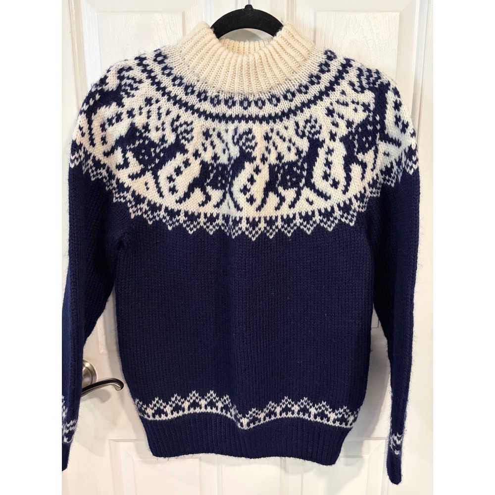 Vintage Men's Medium Dale of Norway Wool Navy White Reindeer Mock Neck Sweater